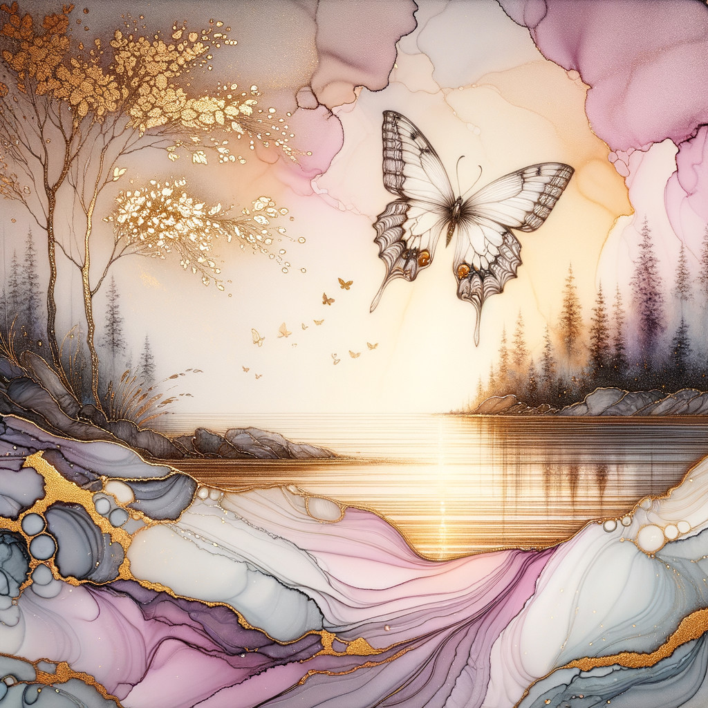Serene landscape with abstract lines and butterfly