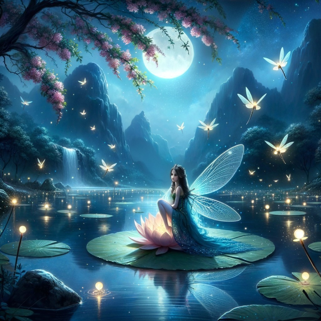 Fantasy scene: fairy on lotus in moonlit water garden