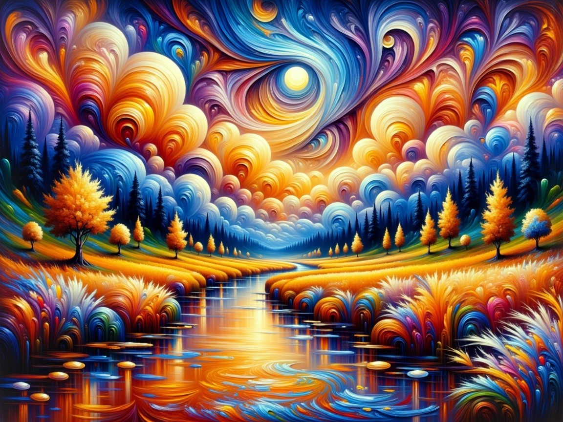Vibrant Landscape with River and Colorful Sky