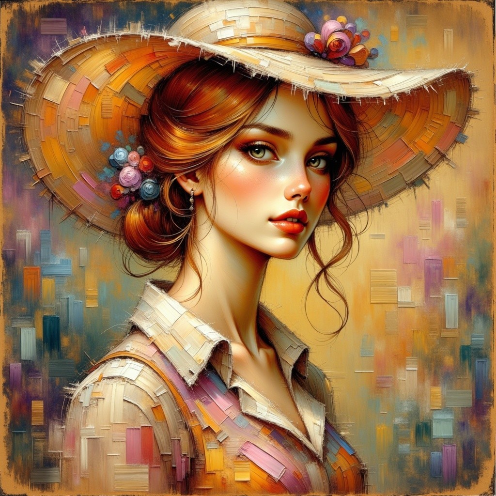 Portrait of a Young Woman in a Decorative Straw Hat