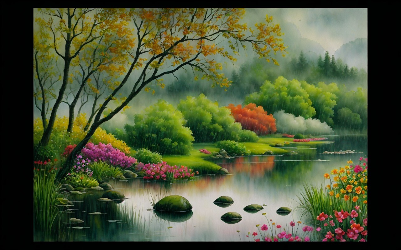 Tranquil Autumn Forest Landscape with Serene Lake