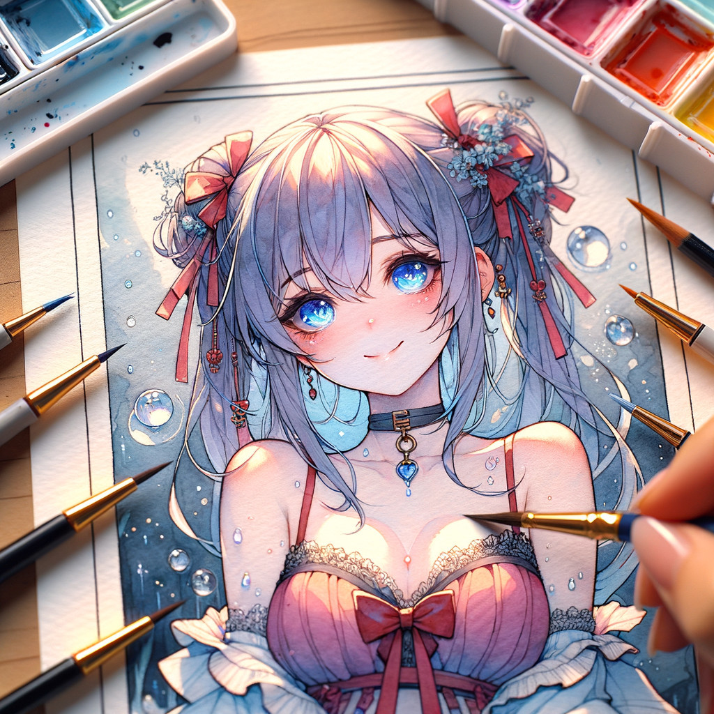 Detailed Illustration of a Young Woman with Art Supplies