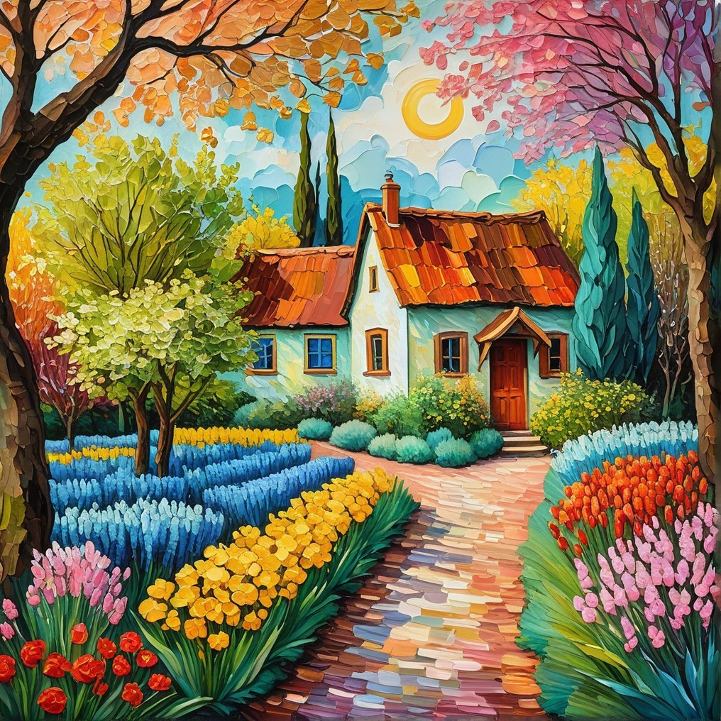 Charming Cottage Surrounded by Colorful Garden and Trees