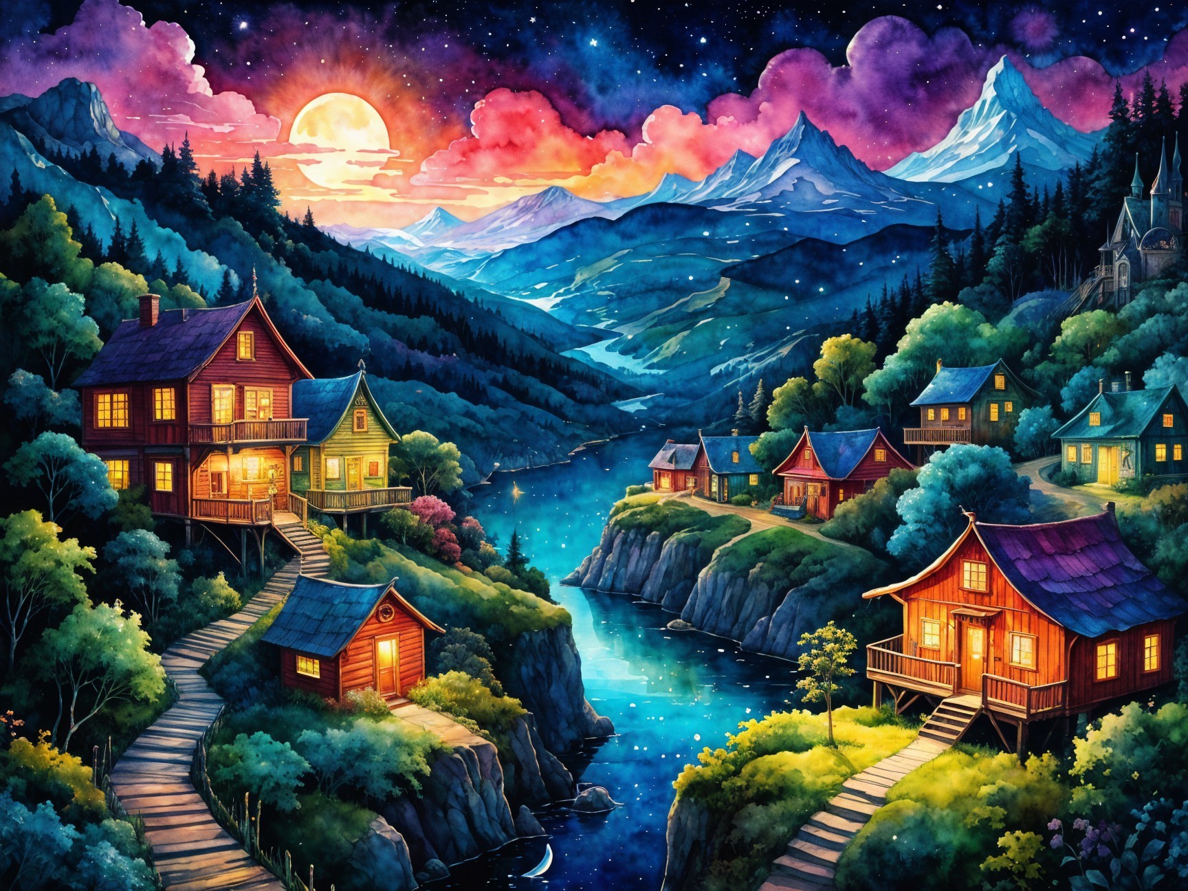 Colorful Landscape with Houses by a Serene River