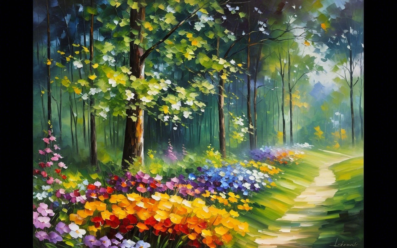 Vibrant Forest Landscape with Colorful Flowers and Sunlight