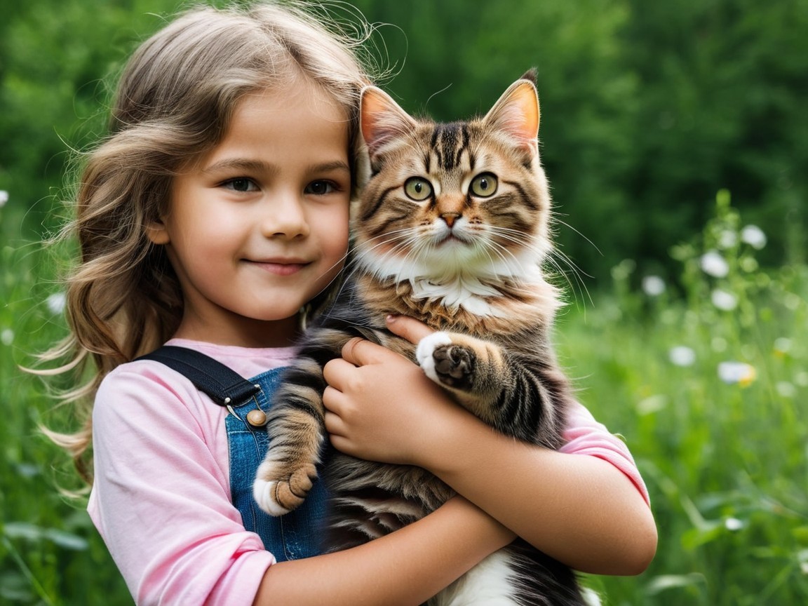 Cheerful girl with tabby cat in a green field