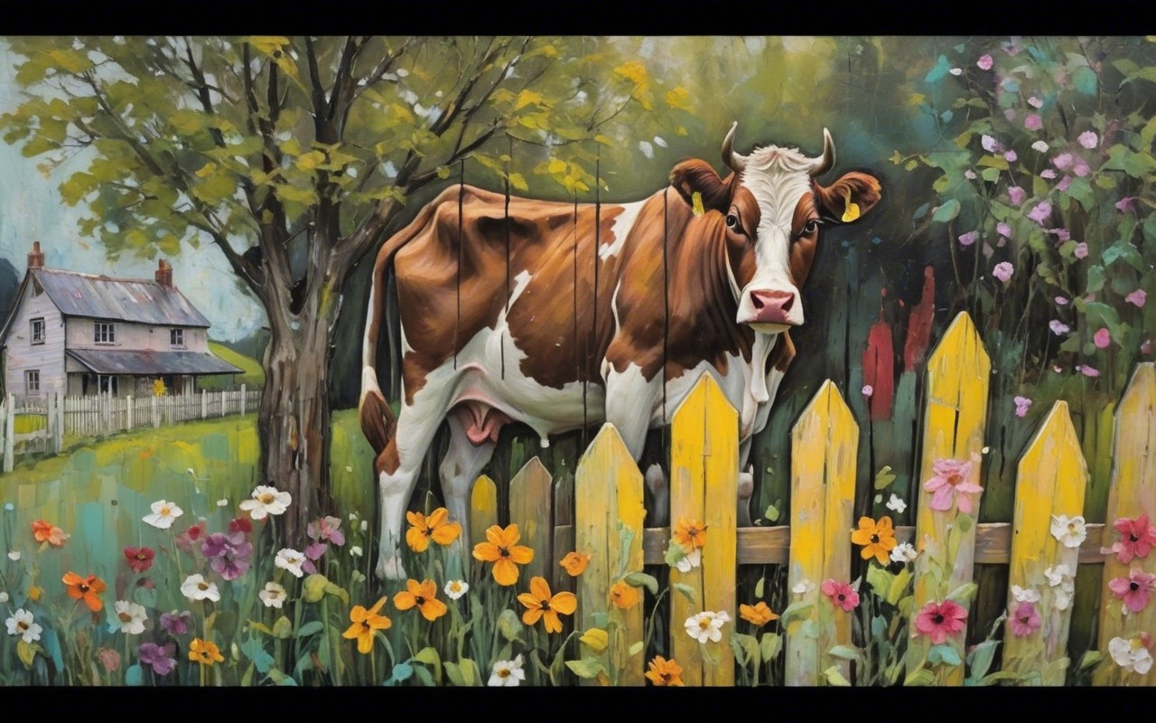 Vibrant Mural of Cow and Farmhouse in Rural Setting