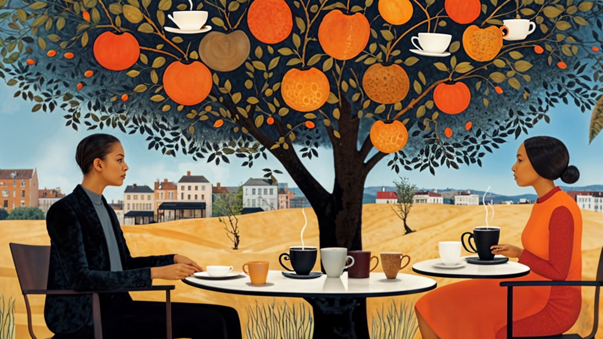 Women at a table under a vibrant orange tree