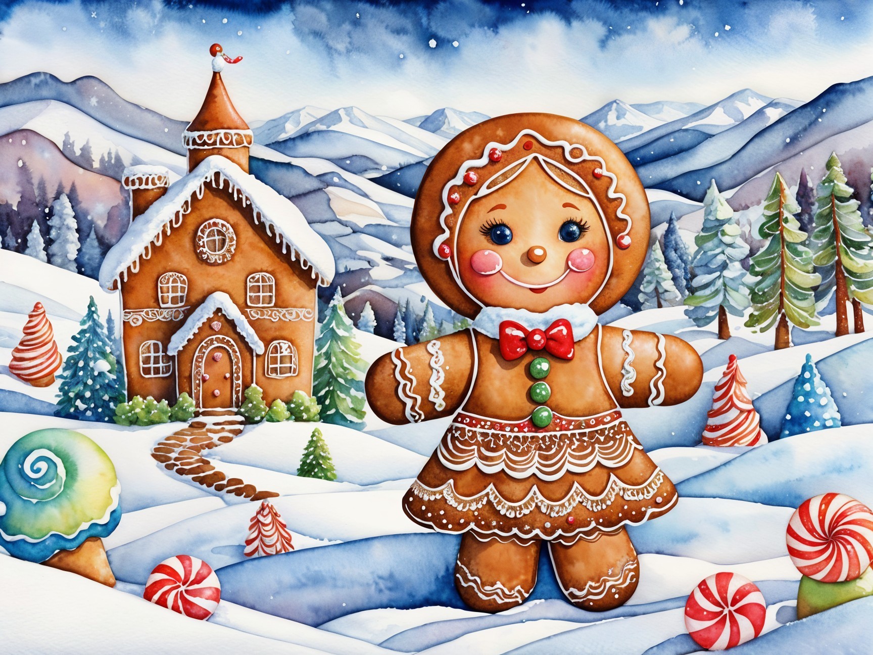 Gingerbread Girl in a Whimsical Winter Landscape