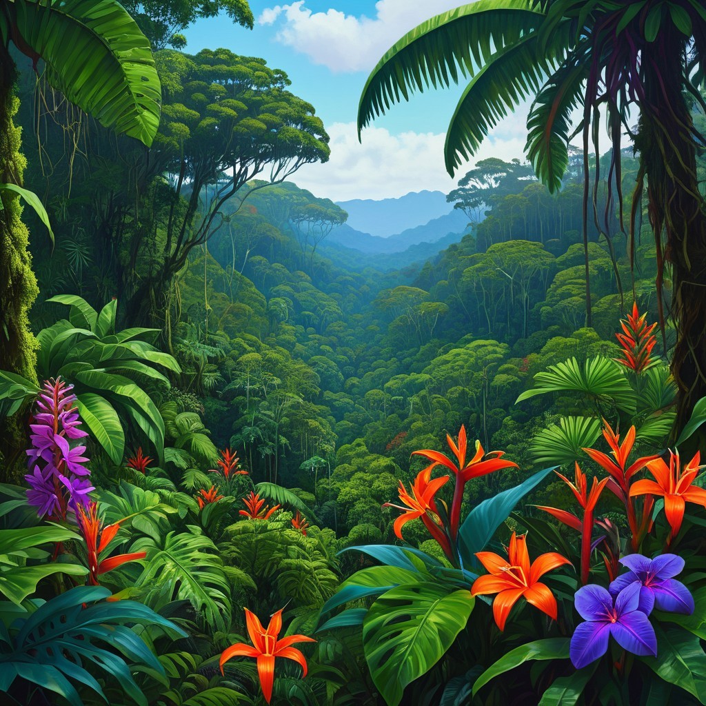 Vibrant Jungle Landscape with Lush Greenery and Flowers