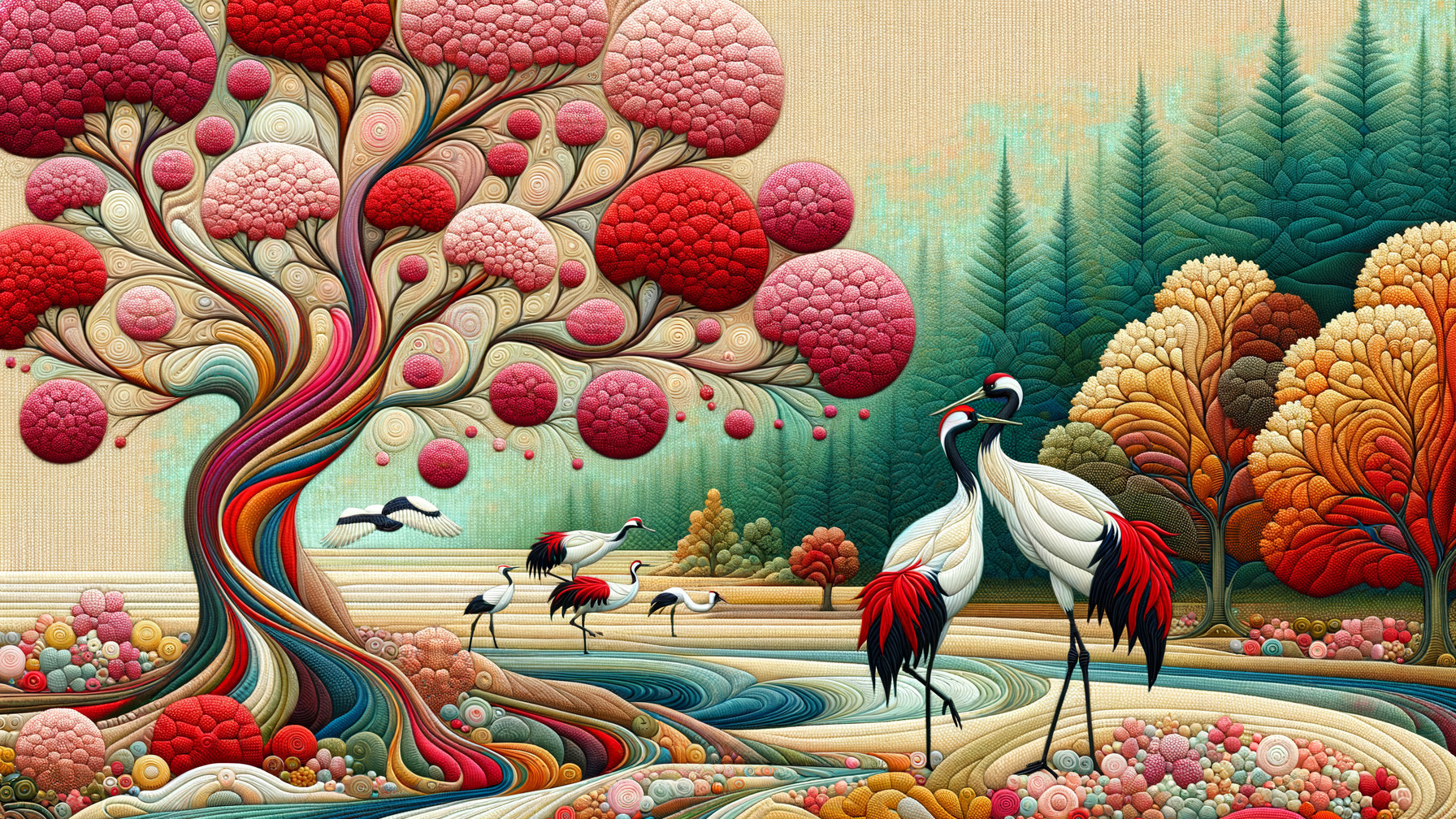 Colorful Landscape with Stylized Tree and Cranes