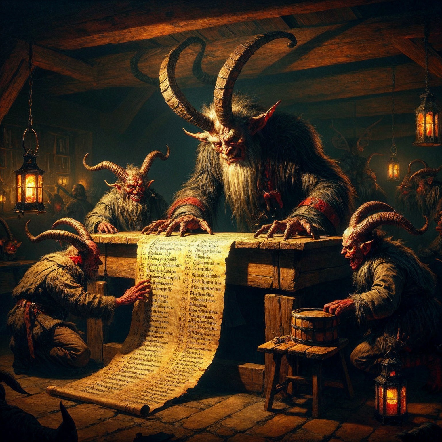 Mystical Creatures Gather Around Table in Dim Cabin