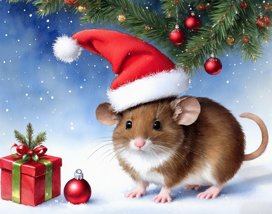 Cute Mouse in Santa Hat with Gift and Ornaments in Snowy Christmas Scene