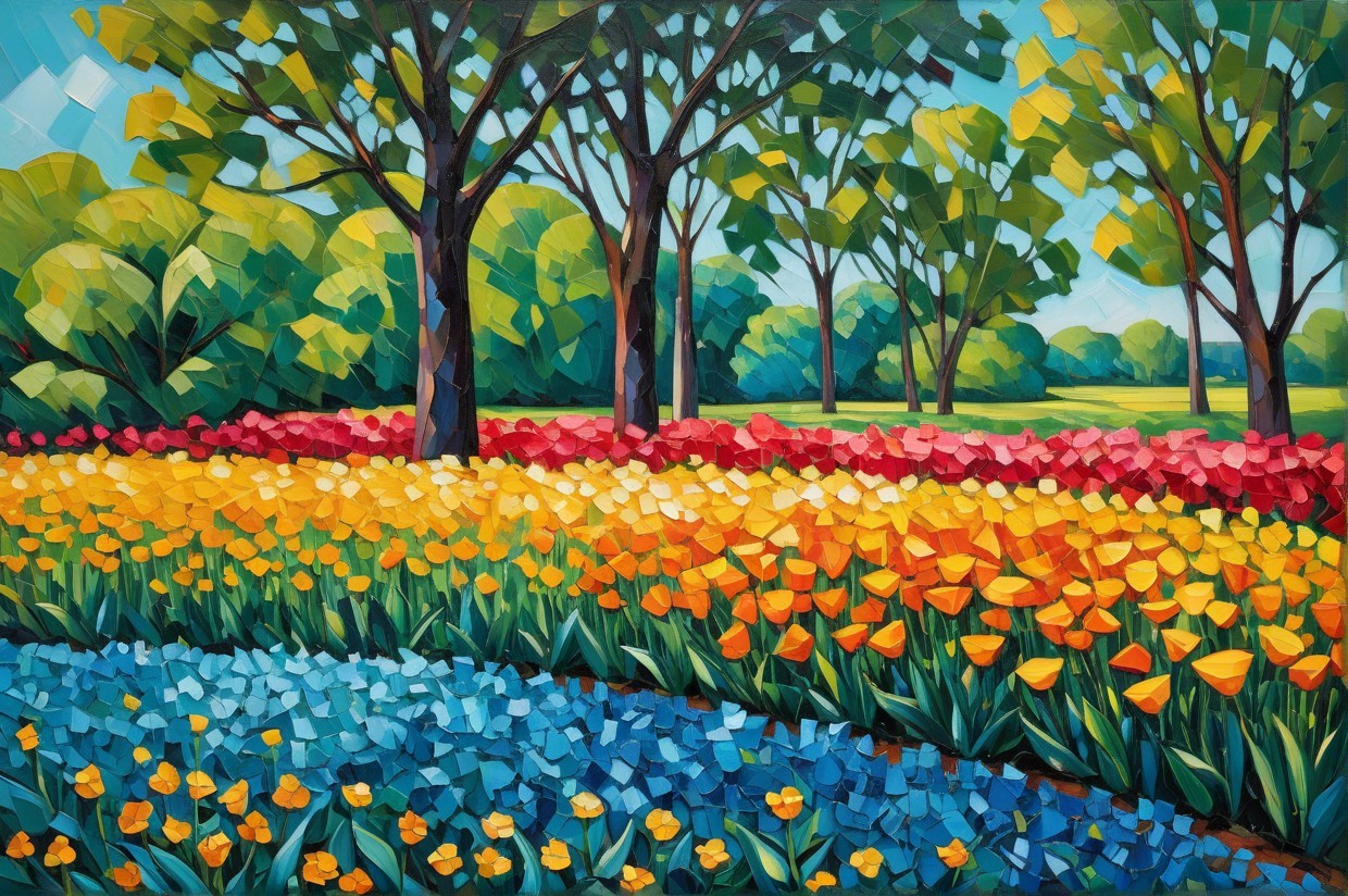 Vibrant Spring Landscape with Colorful Tulips and Trees