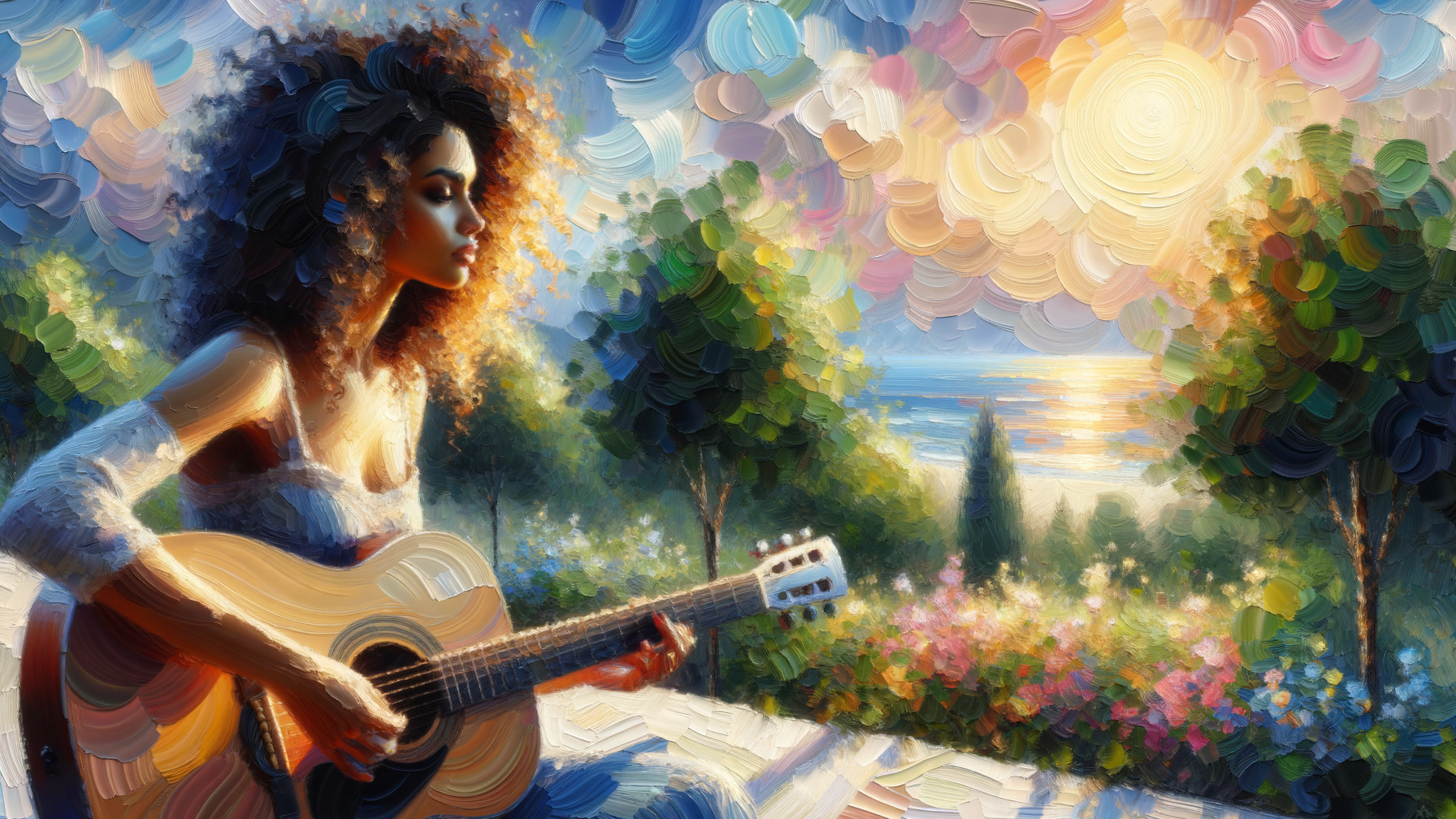 Young woman playing guitar in a colorful outdoor setting