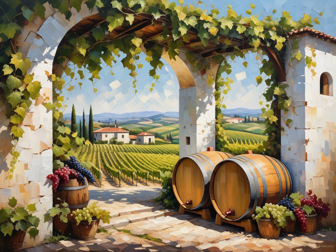Vineyard Landscape with Blue Sky and Green Vines