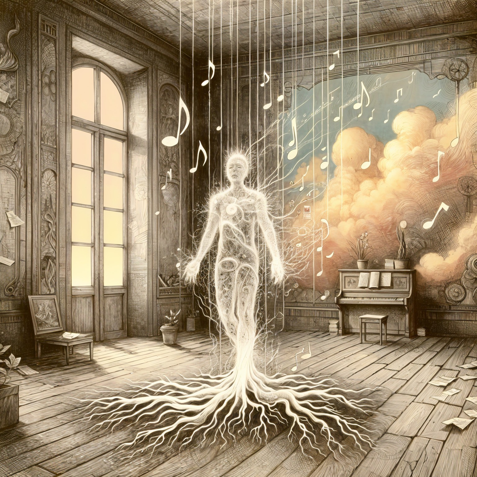 Ethereal Room with Musical Notes and Translucent Figure