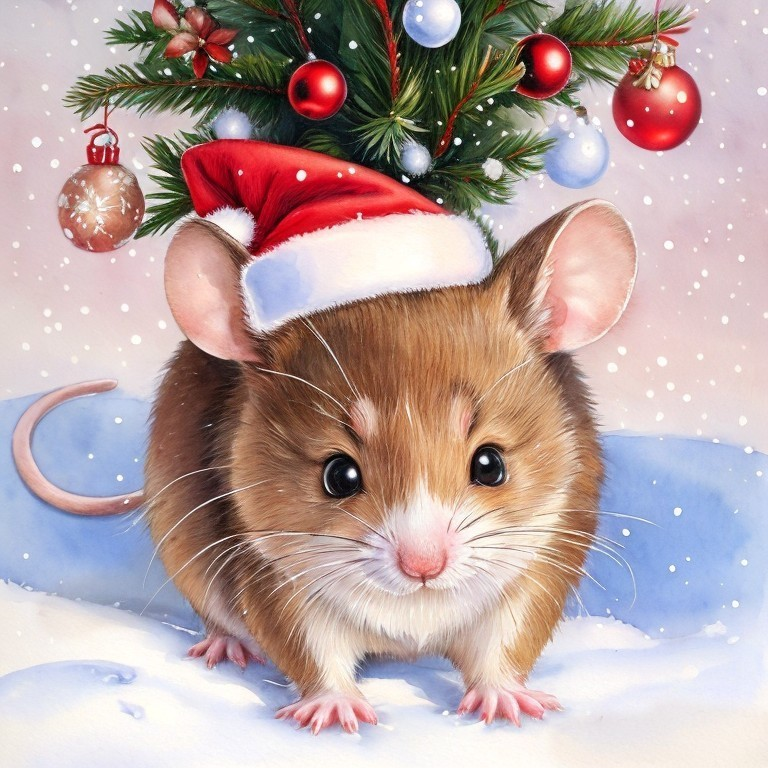 Festive mouse with Santa hat under Christmas tree in snowy scene