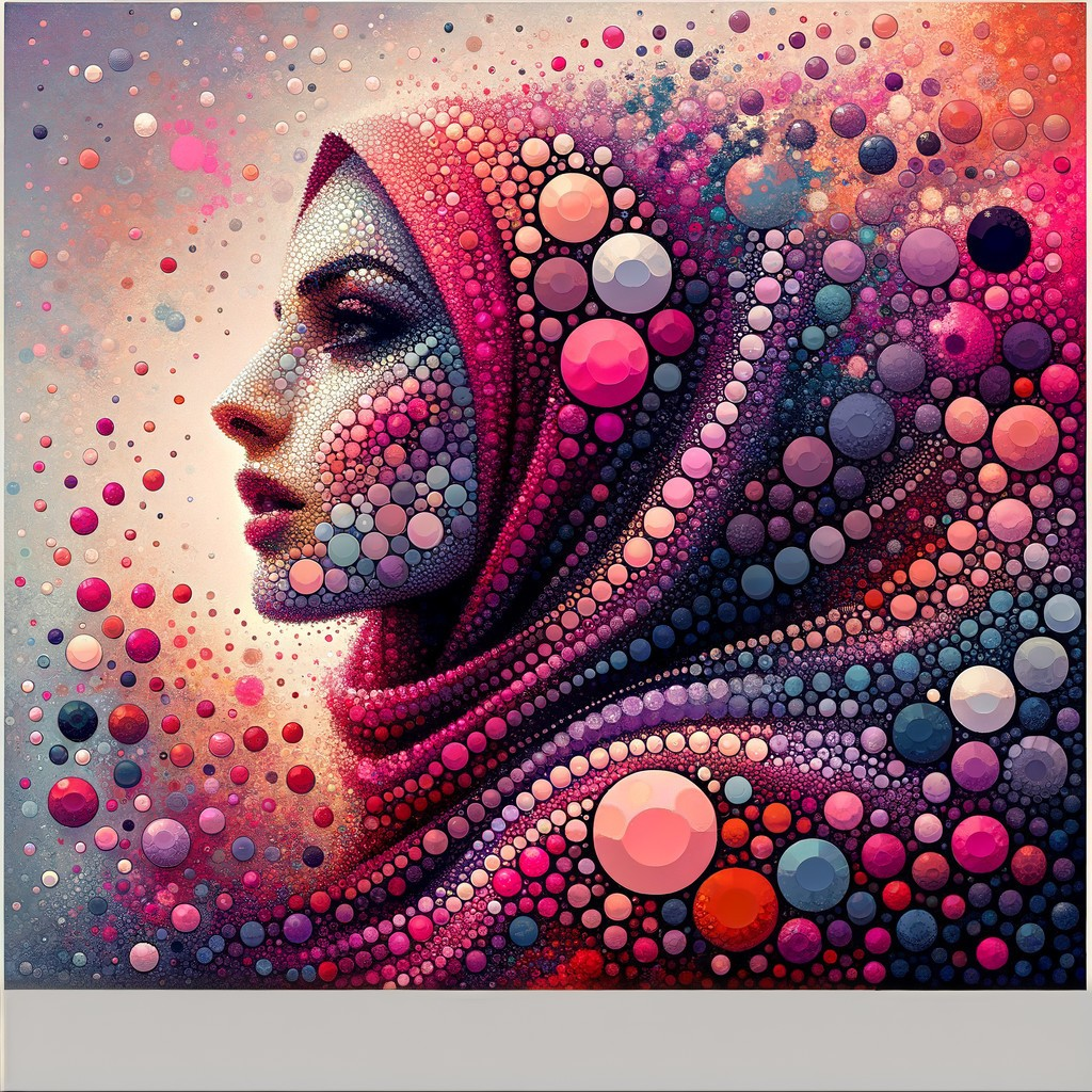 Vibrant digital art portrait of a woman in hijab with multicolored dots on cosmic background