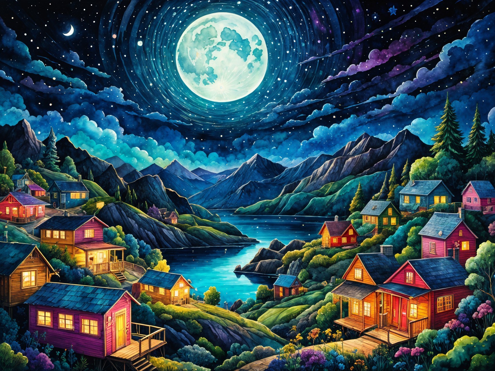 Moonlit Village Landscape with Colorful Houses and Lake