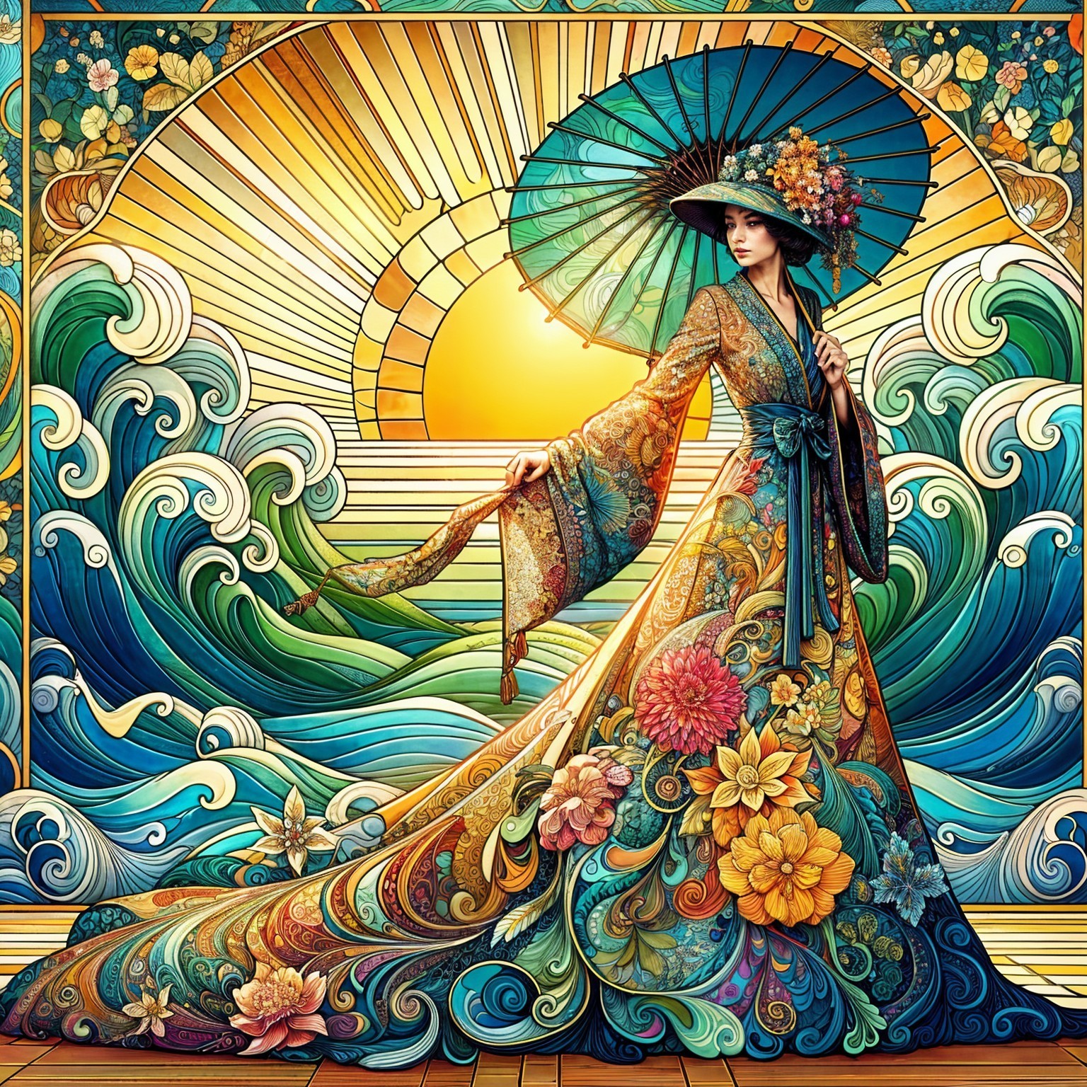 Woman in Floral Gown with Parasol at Sunset