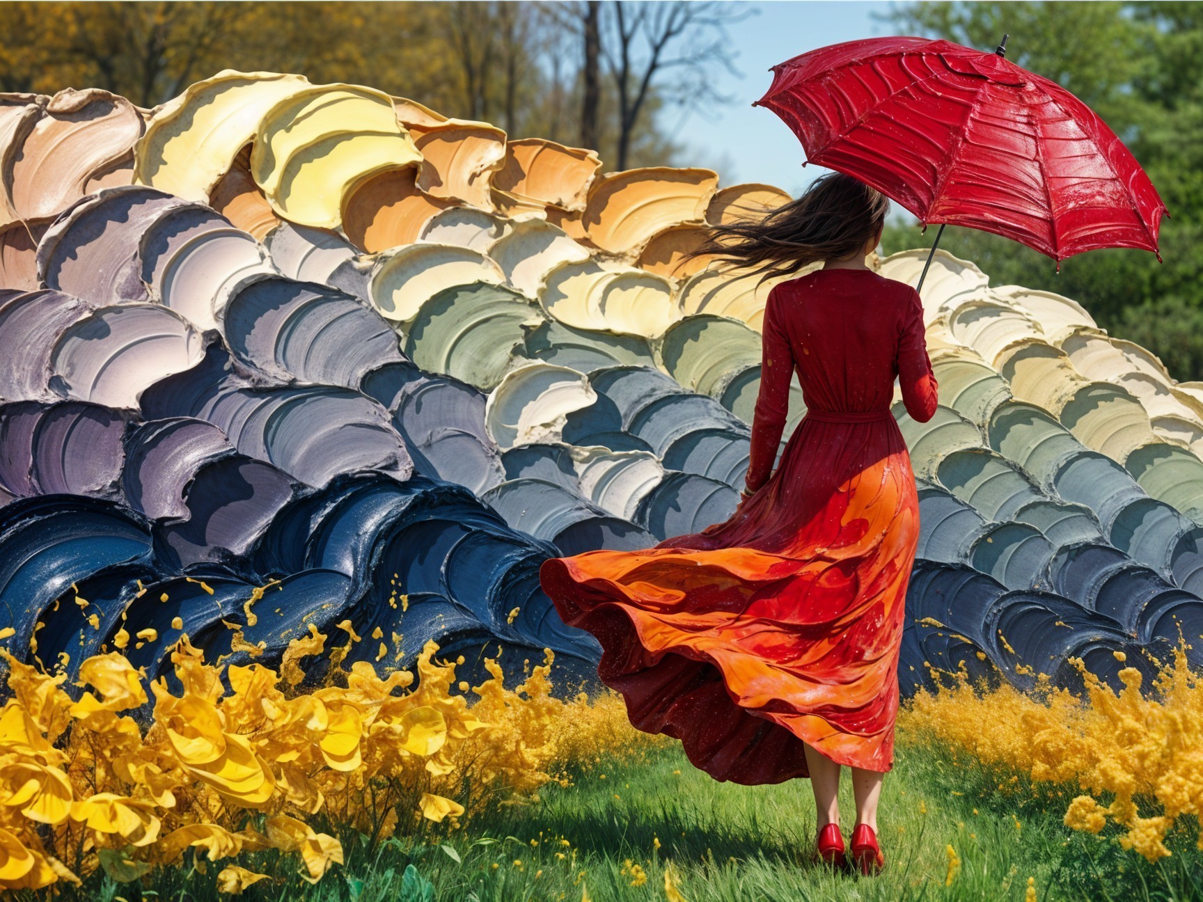 Woman in Red Dress with Umbrella in Colorful Landscape