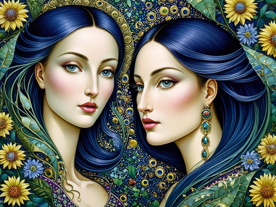 Elegant Women with Blue Hair and Floral Patterns