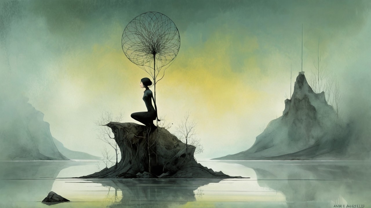 Surreal Landscape with Figure and Dreamcatcher Structure