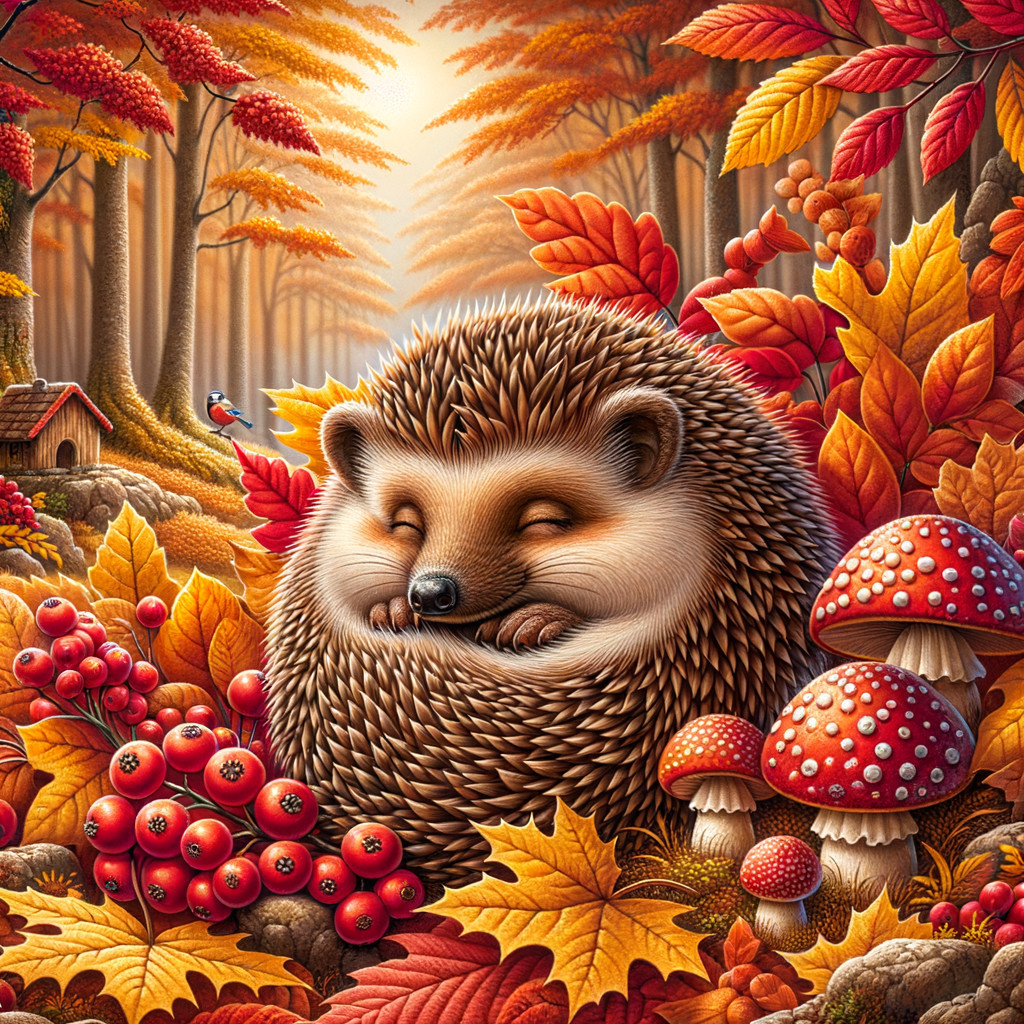 Hedgehog in Autumn Leaves with Berries and Mushrooms