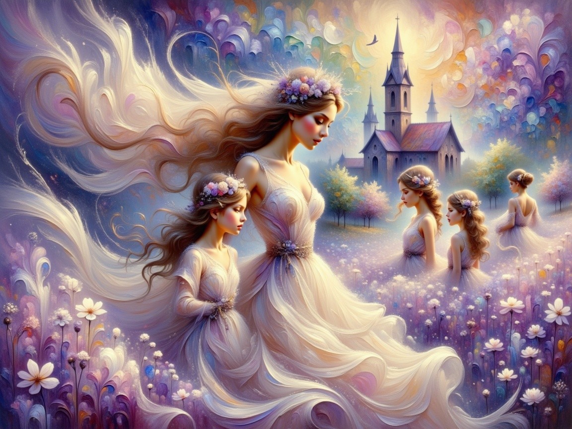 Whimsical Scene of Mother and Daughter in Flowers