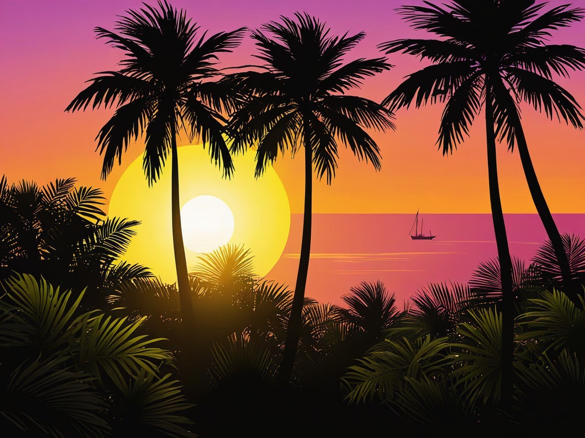 Vibrant Tropical Sunset with Silhouetted Palm Trees