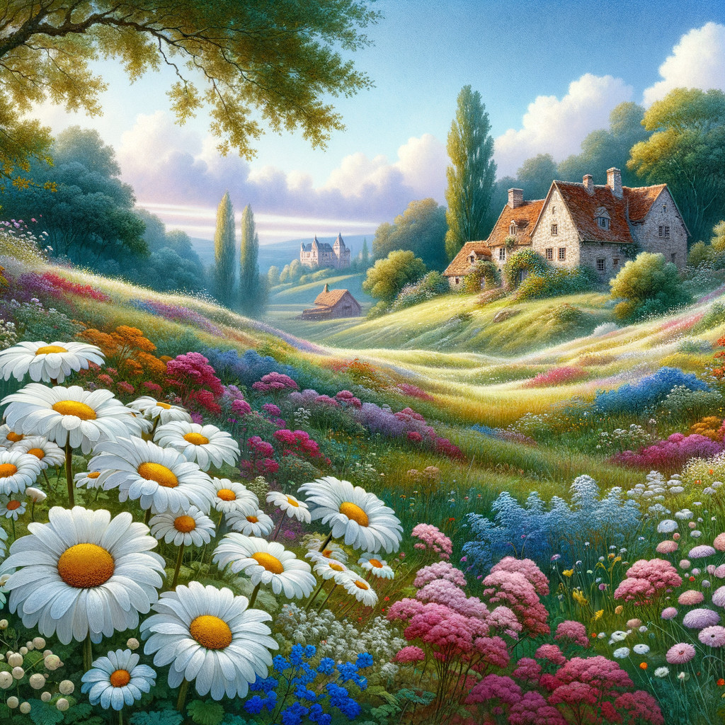 Serene Landscape with Wildflowers and Quaint Cottage