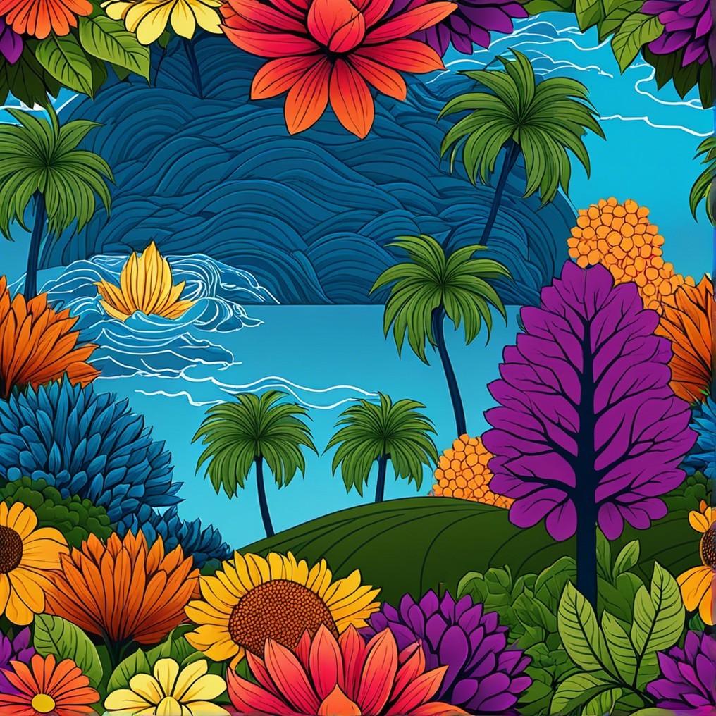 Tropical Landscape with Ocean View and Colorful Flowers