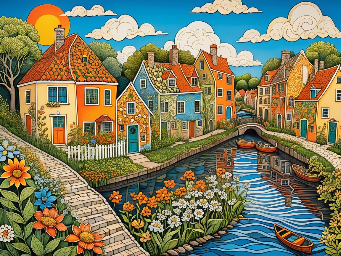 Charming Canal Town with Colorful Houses and Boats