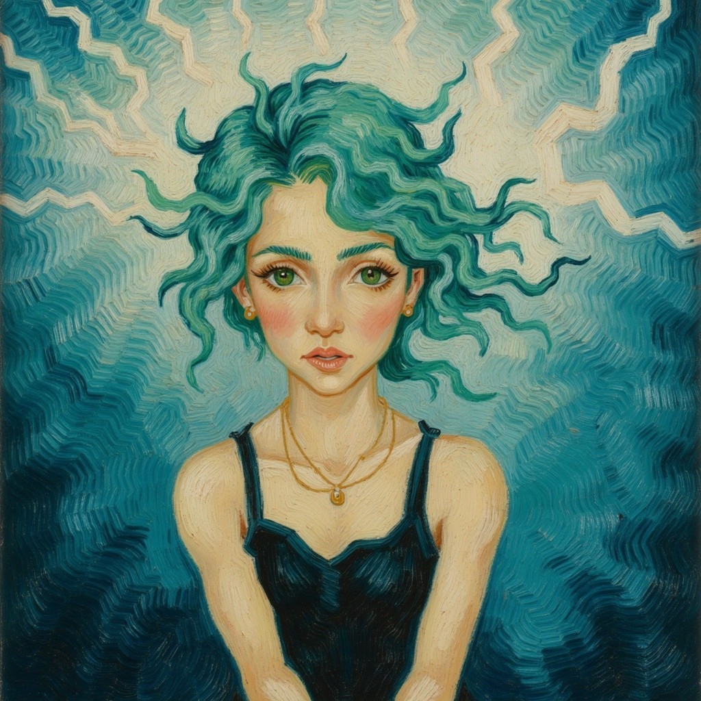 Young Woman with Turquoise Hair and Contemplative Expression