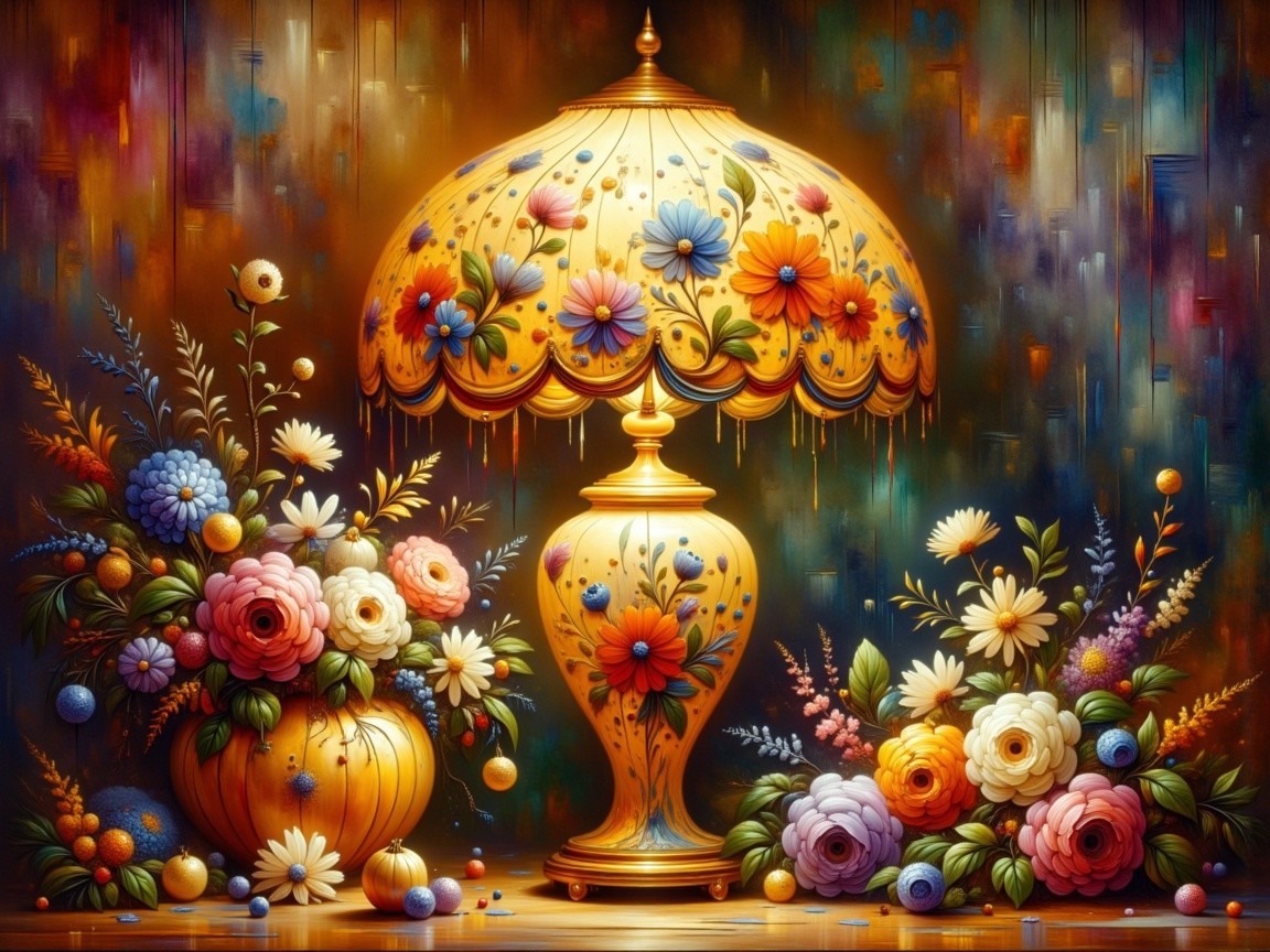 Ornate lamp with vibrant floral patterns and arrangements