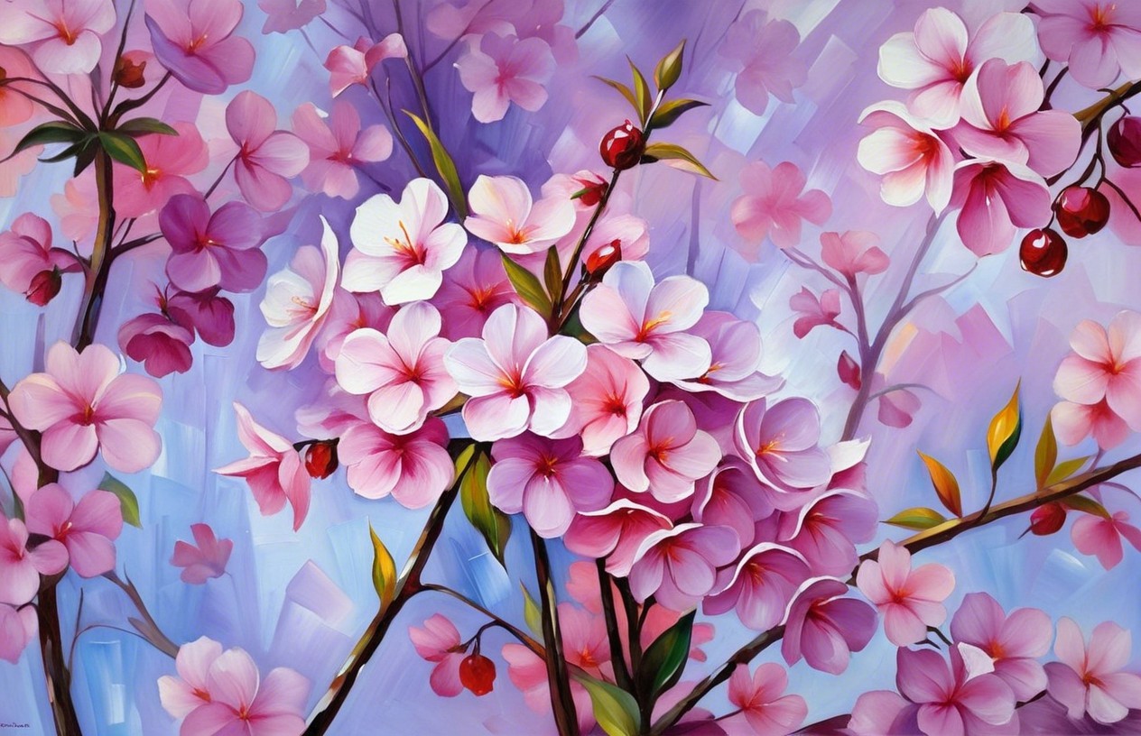Vibrant Painting of Cherry Blossoms in Pastel Hues