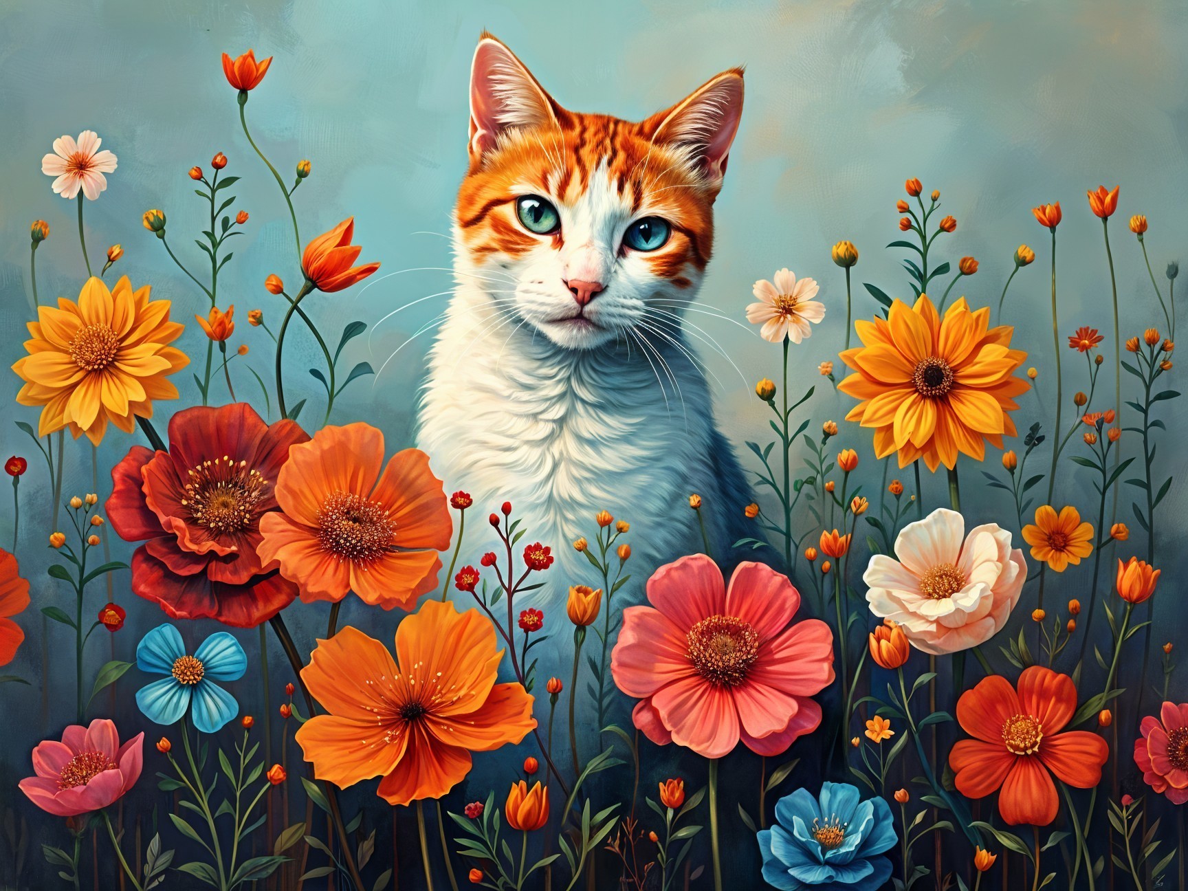 Orange and White Cat Among Colorful Garden Flowers