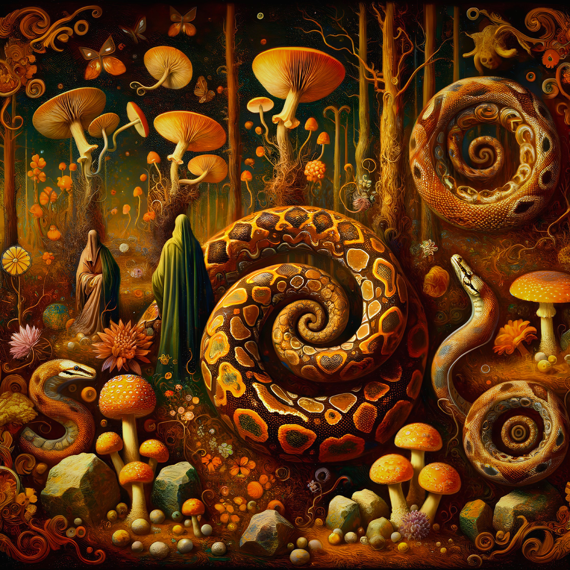 Vibrant oversized mushrooms, swirling snails, python in lush forest