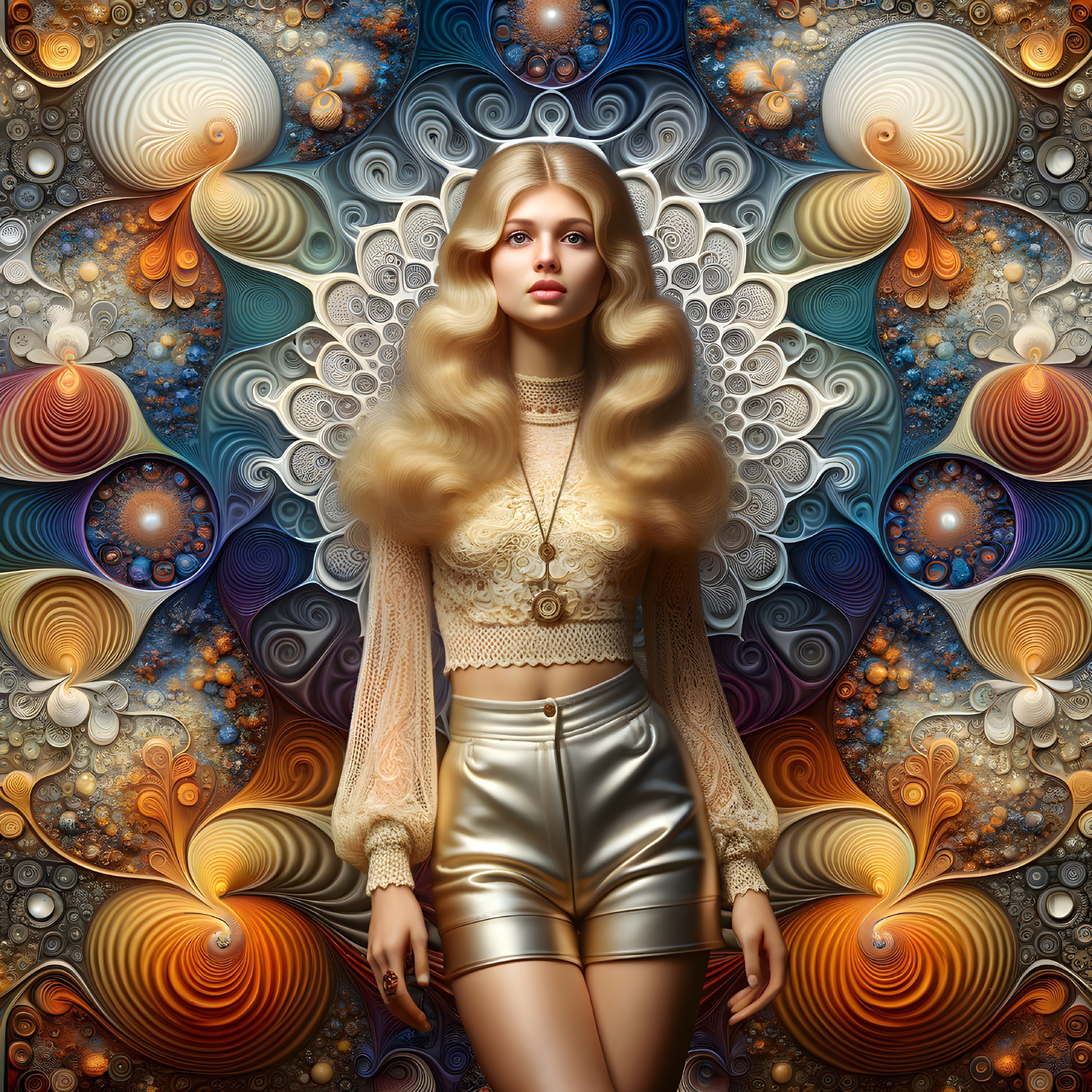 Blond-Haired Woman in Digital Art with Metallic Swirls