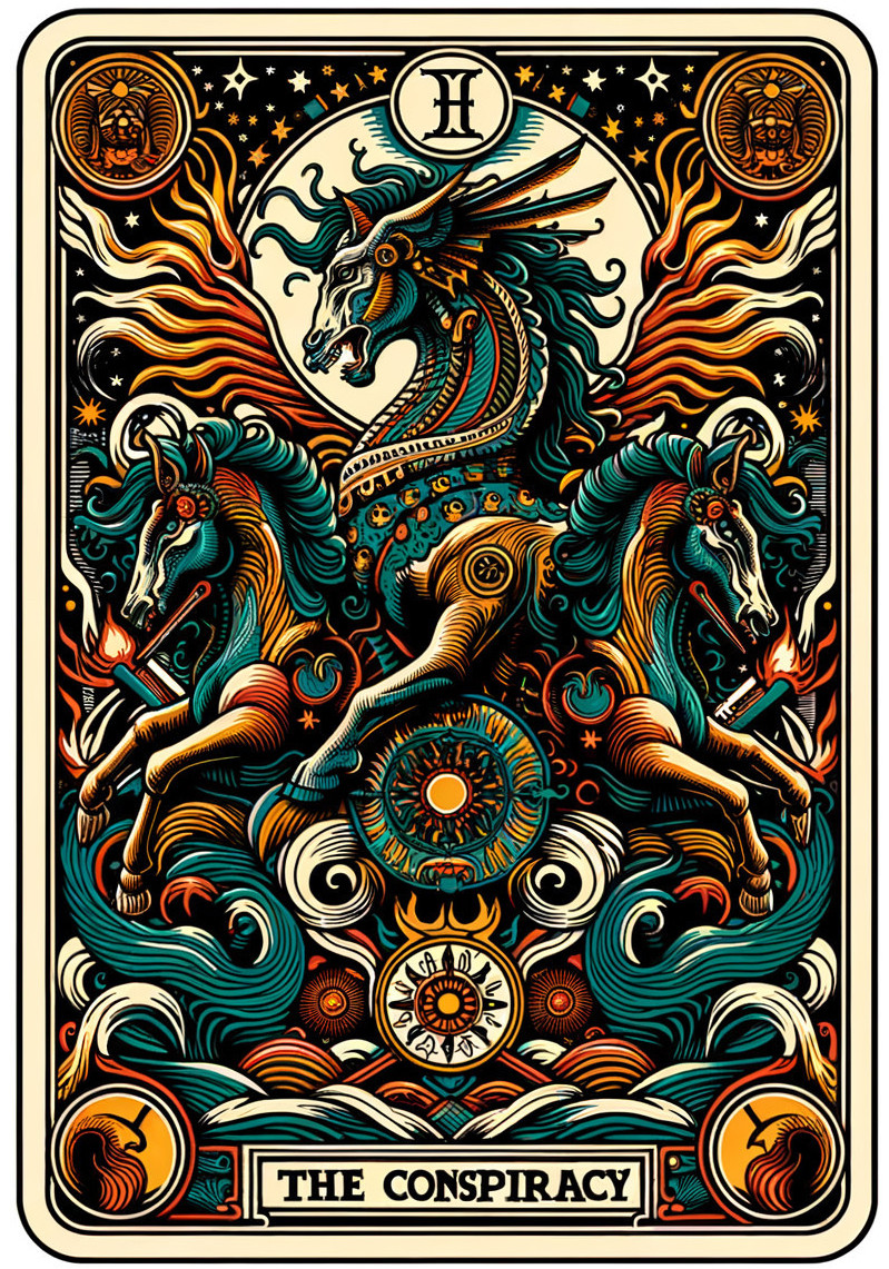 Dragon-headed chimera with horse bodies in celestial setting labeled "The Conspiracy