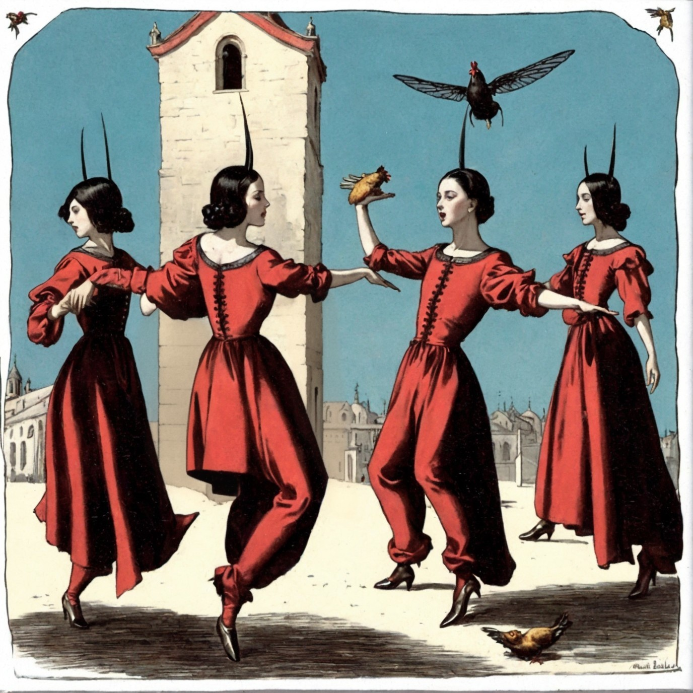 Four Women Dancing in Traditional Red and Black Dresses with Bird, Chicken, and Old Tower in Background