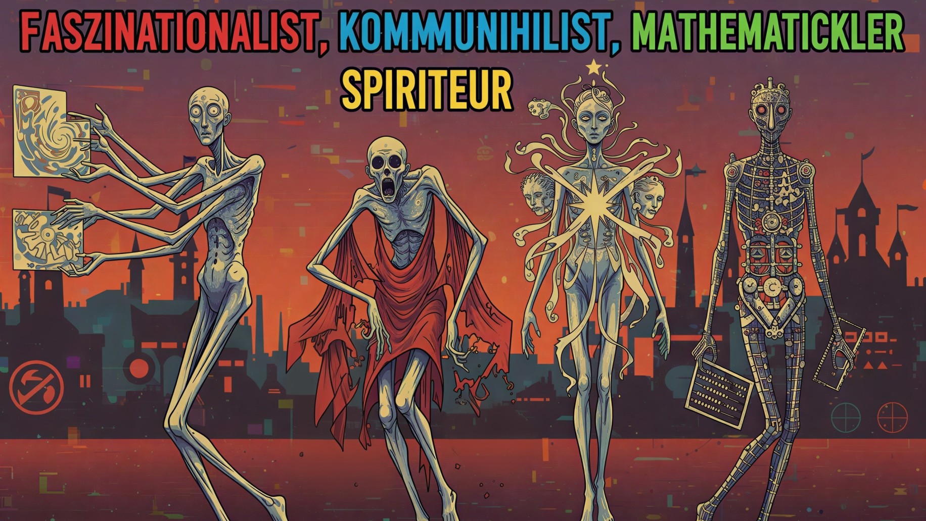 Stylized Humanoid Figures Against Cyberpunk Skyline