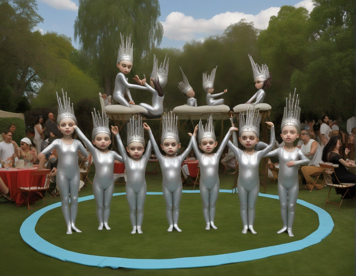 Toddlers in Silver Bodysuits Perform Dance on Blue Mat