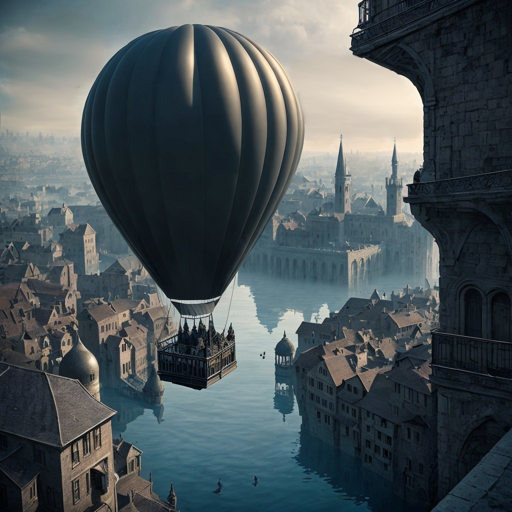 Hot air balloon floats over European city with canals & stone bridges