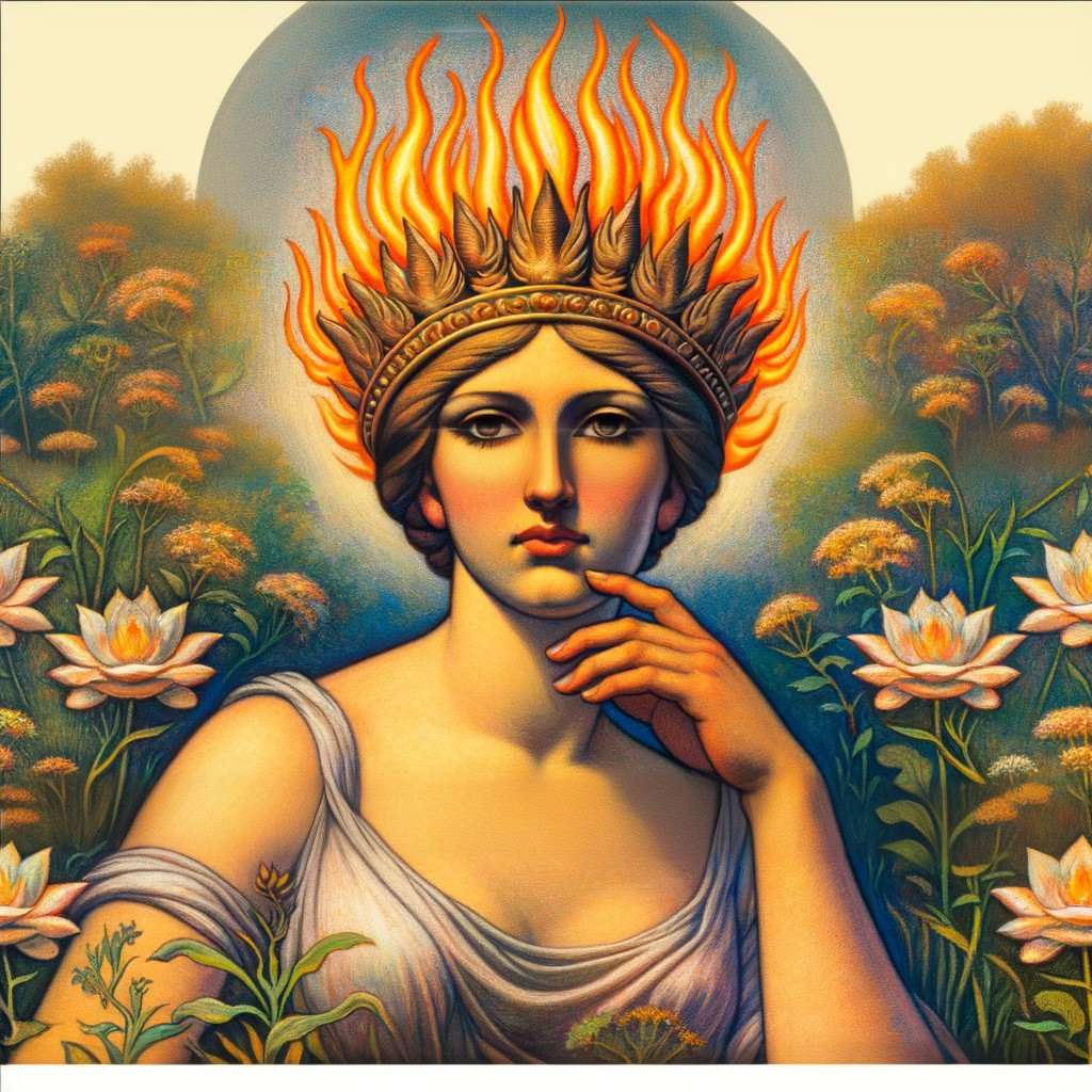 Illustration of a woman with a crown and flames
