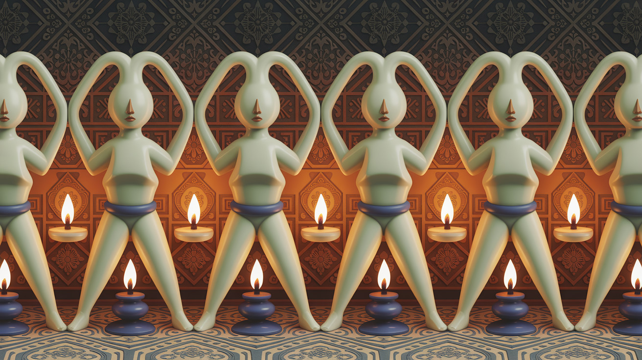 Stylized Humanoid Figures Forming Hearts with Candles