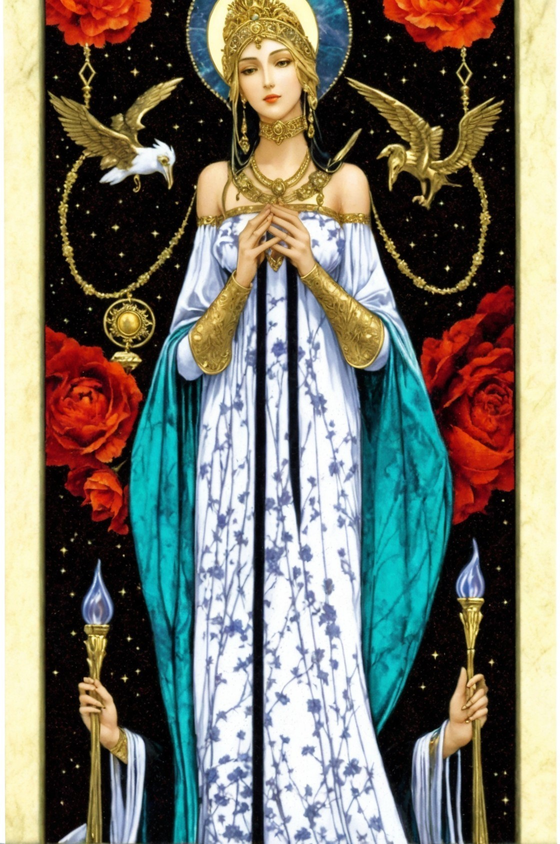 Regal figure in blue and white robes with doves and roses on starry background