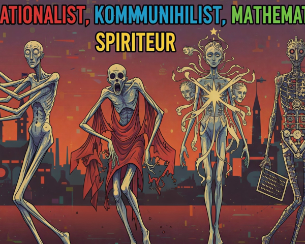 Stylized Humanoid Figures Against Cyberpunk Skyline