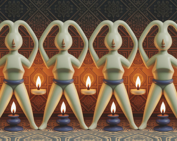 Stylized Humanoid Figures Forming Hearts with Candles